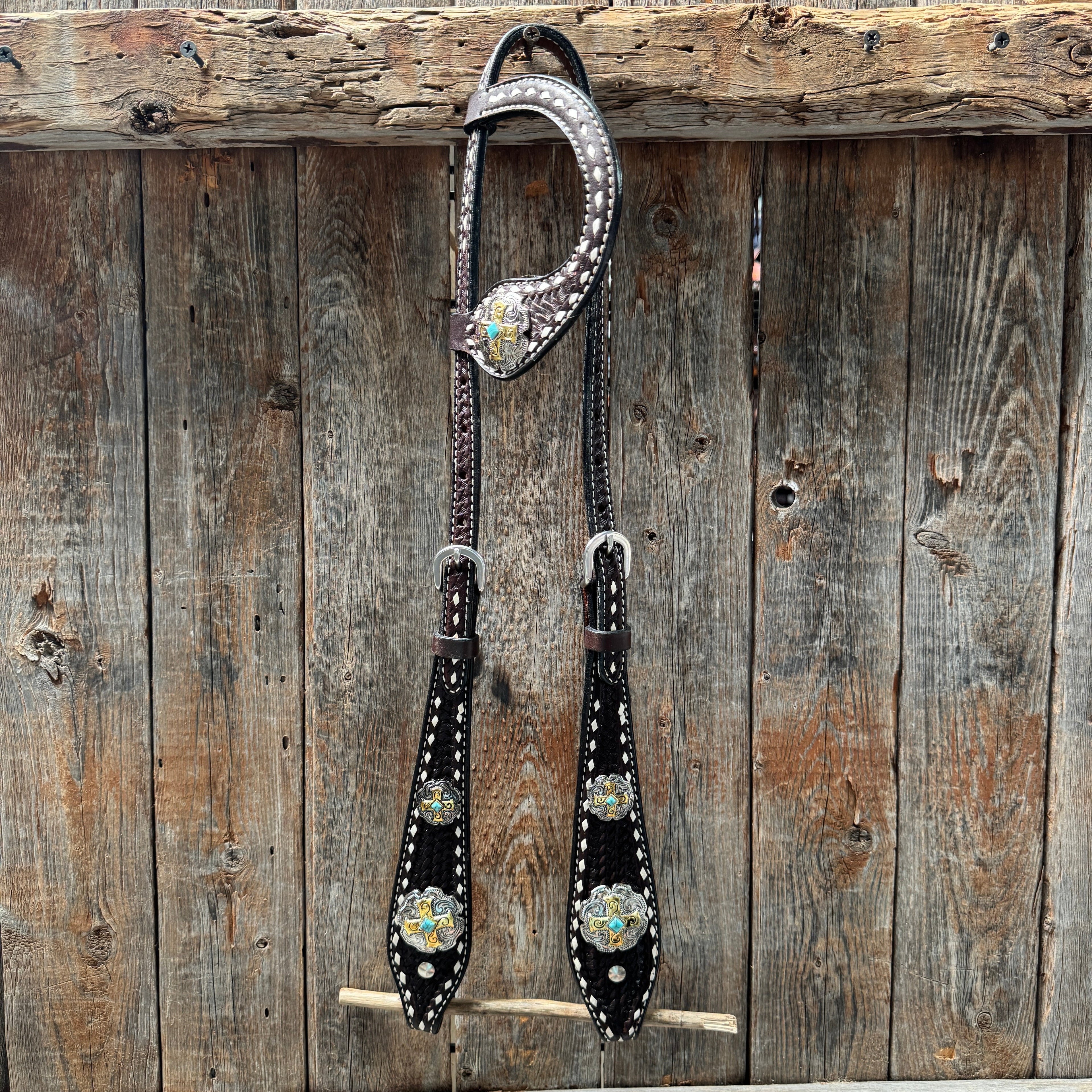 Dark Oil Buckstitch Gold Cross Browband/One Ear and Breastcollar Tack Set #BBBC401 — view 6