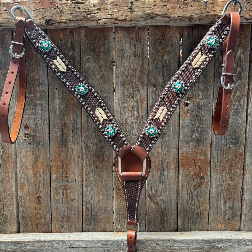 Rawhide Fuchsia, Clear and Emerald One Ear Headstall and Breastcollar Tack Set #OEBC412 — view 6