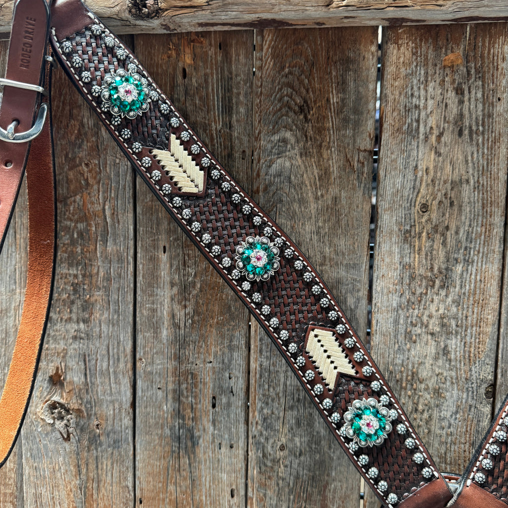 Rawhide Fuchsia, Clear and Emerald One Ear Headstall and Breastcollar Tack Set #OEBC412 — view 7