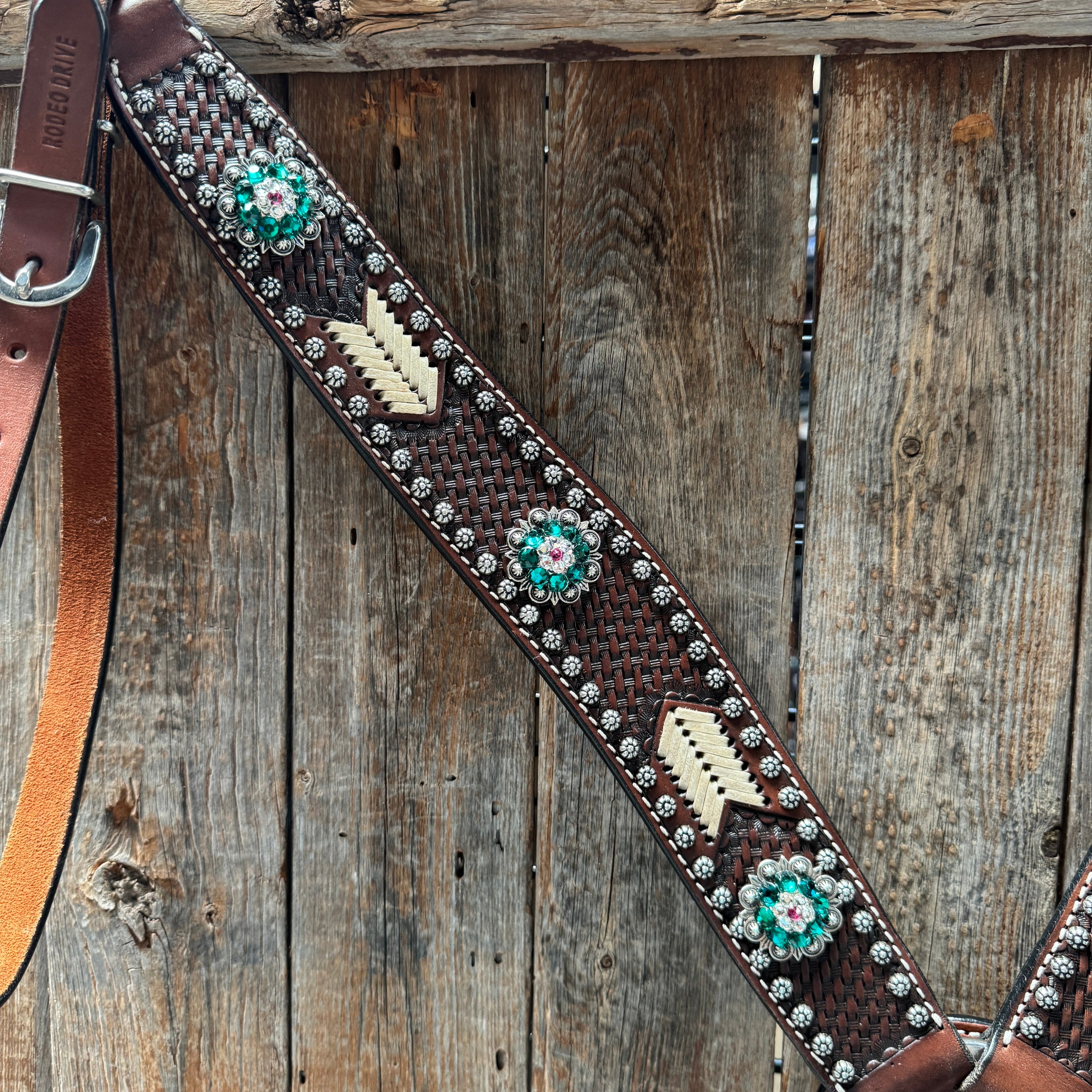 Rawhide Fuchsia, Clear and Emerald One Ear Headstall and Breastcollar Tack Set #OEBC412 — view 7