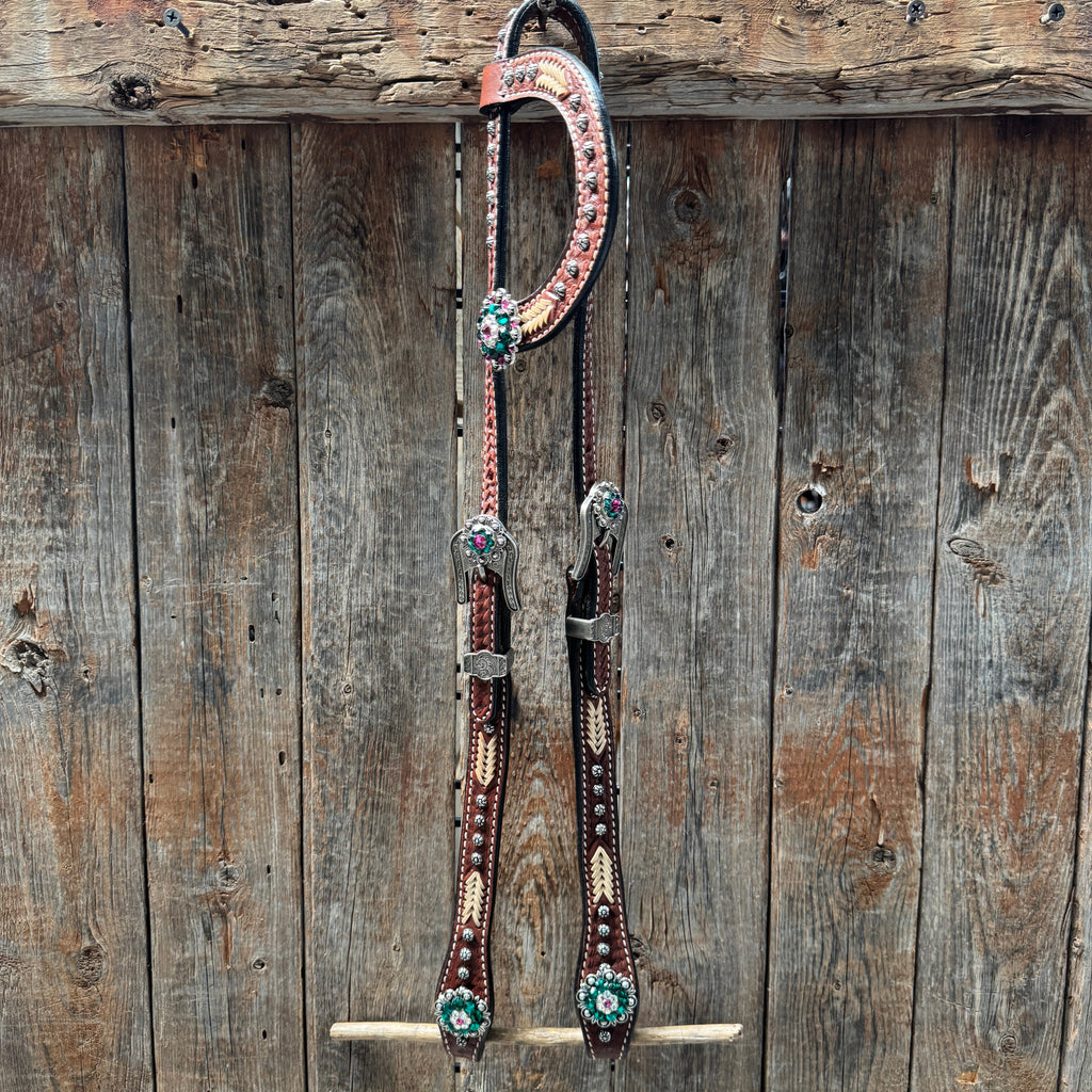 Rawhide Fuchsia, Clear and Emerald One Ear Headstall and Breastcollar Tack Set #OEBC412 — view 2