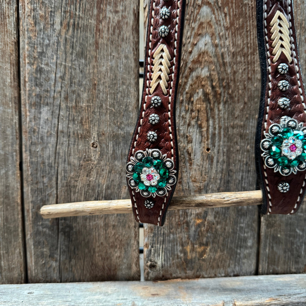 Rawhide Fuchsia, Clear and Emerald One Ear Headstall and Breastcollar Tack Set #OEBC412 — view 5