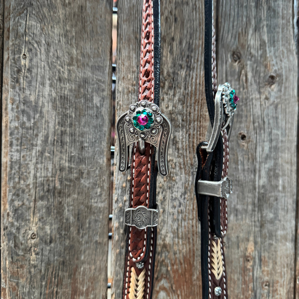 Rawhide Fuchsia, Clear and Emerald One Ear Headstall and Breastcollar Tack Set #OEBC412 — view 4