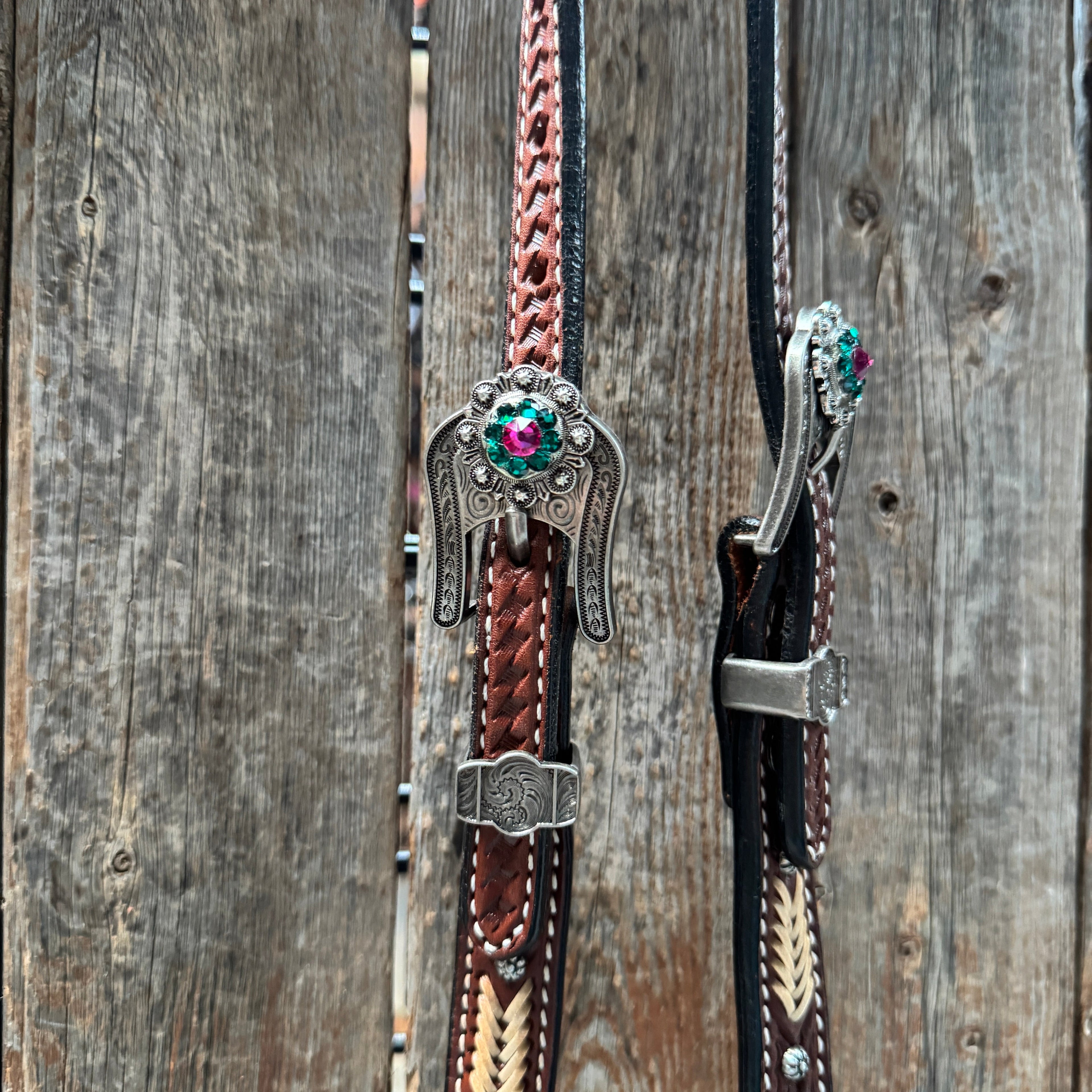 Rawhide Fuchsia, Clear and Emerald One Ear Headstall and Breastcollar Tack Set #OEBC412 — view 4