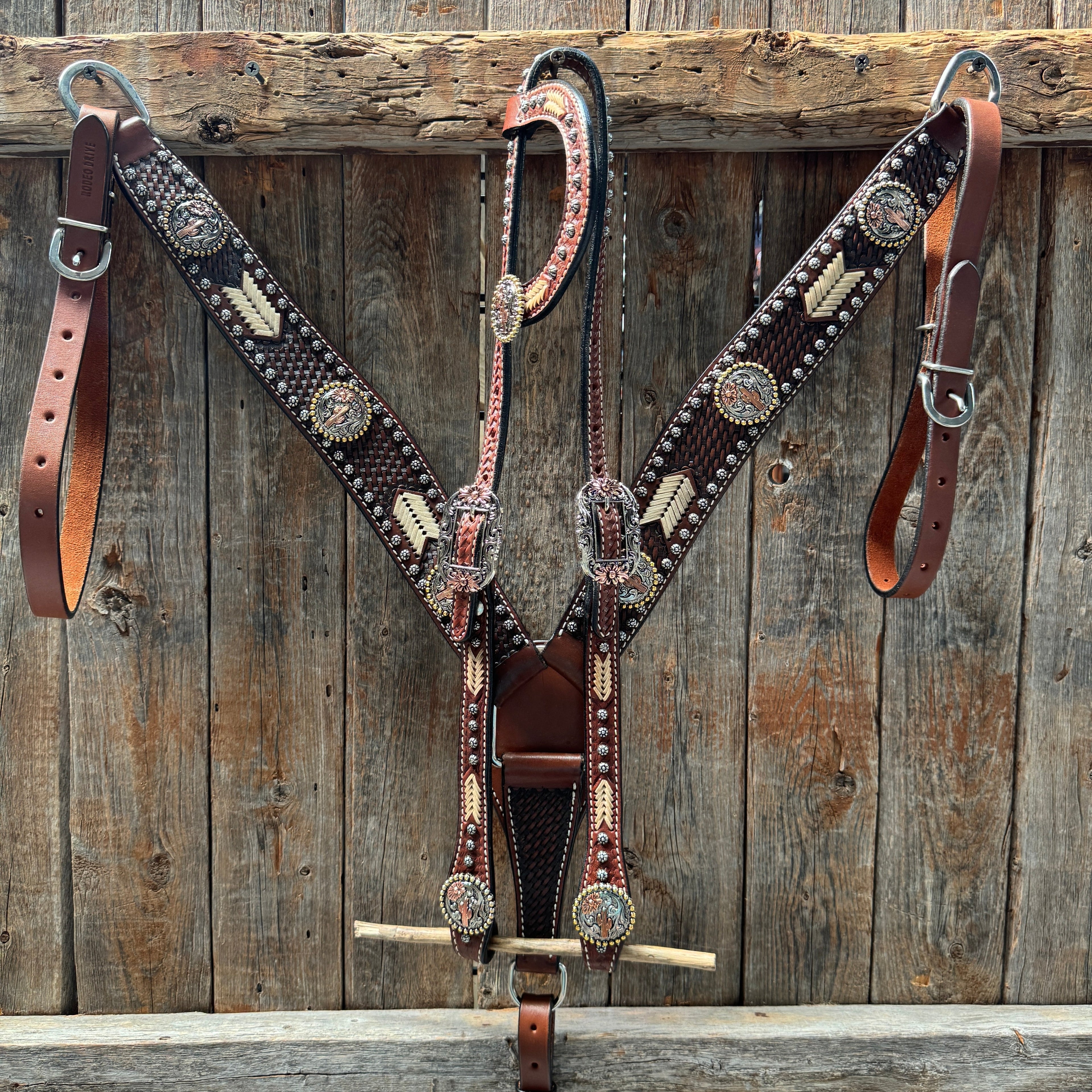 Rawhide Cactus and Flower One Ear Headstall and Breastcollar Tack Set #OEBC403