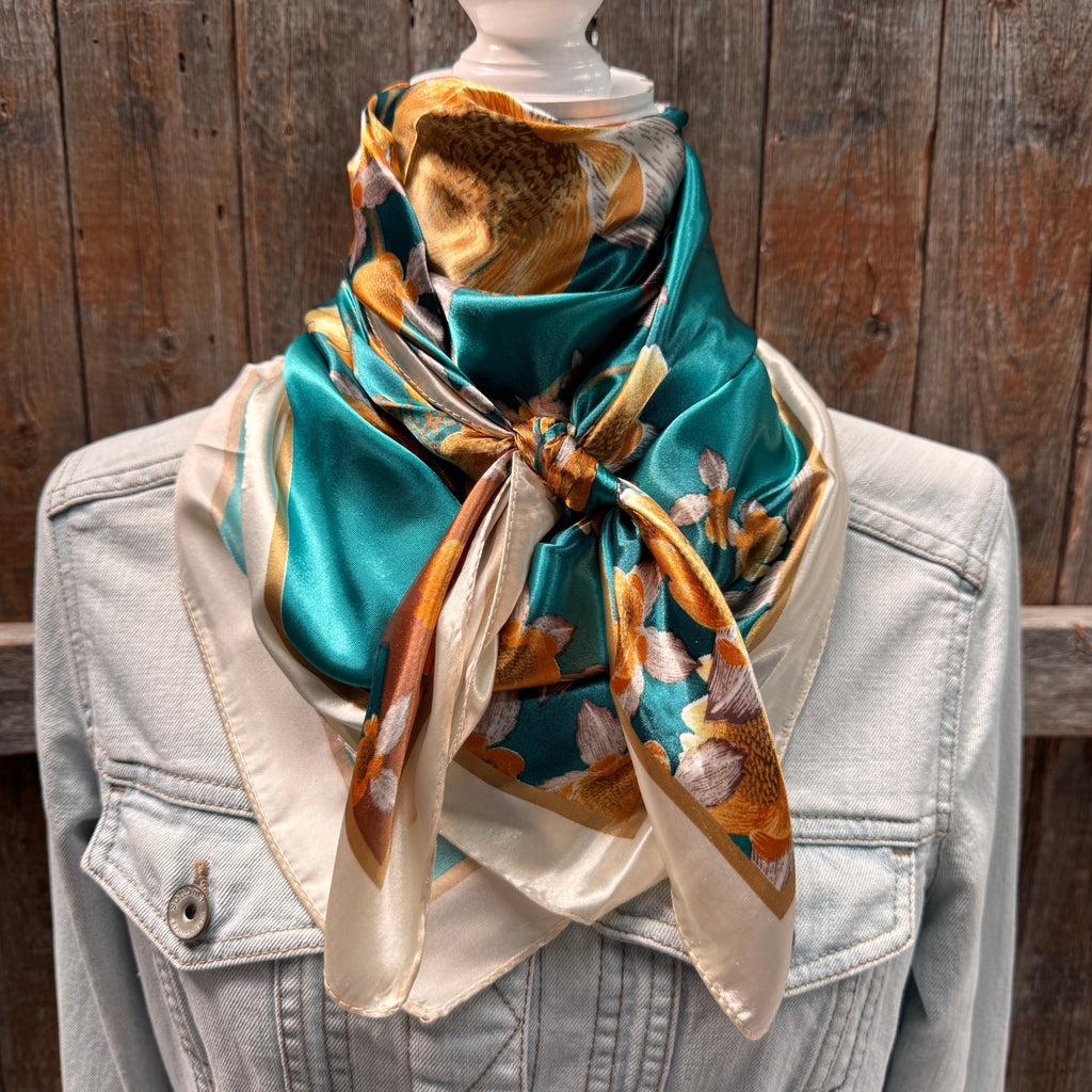 Teal and Cream Floral Wild Rag - Western Scarf