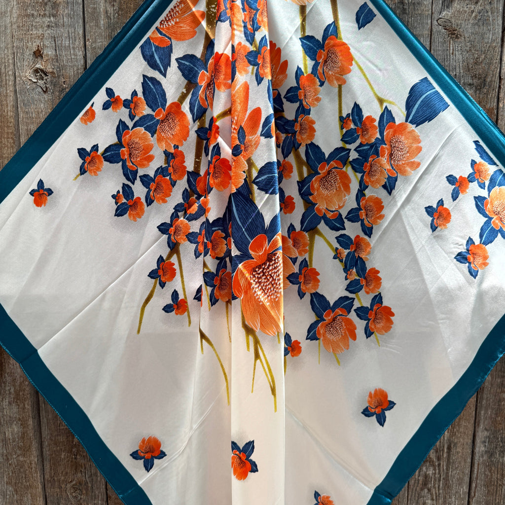 White and Teal Floral Wild Rag - Western Scarf