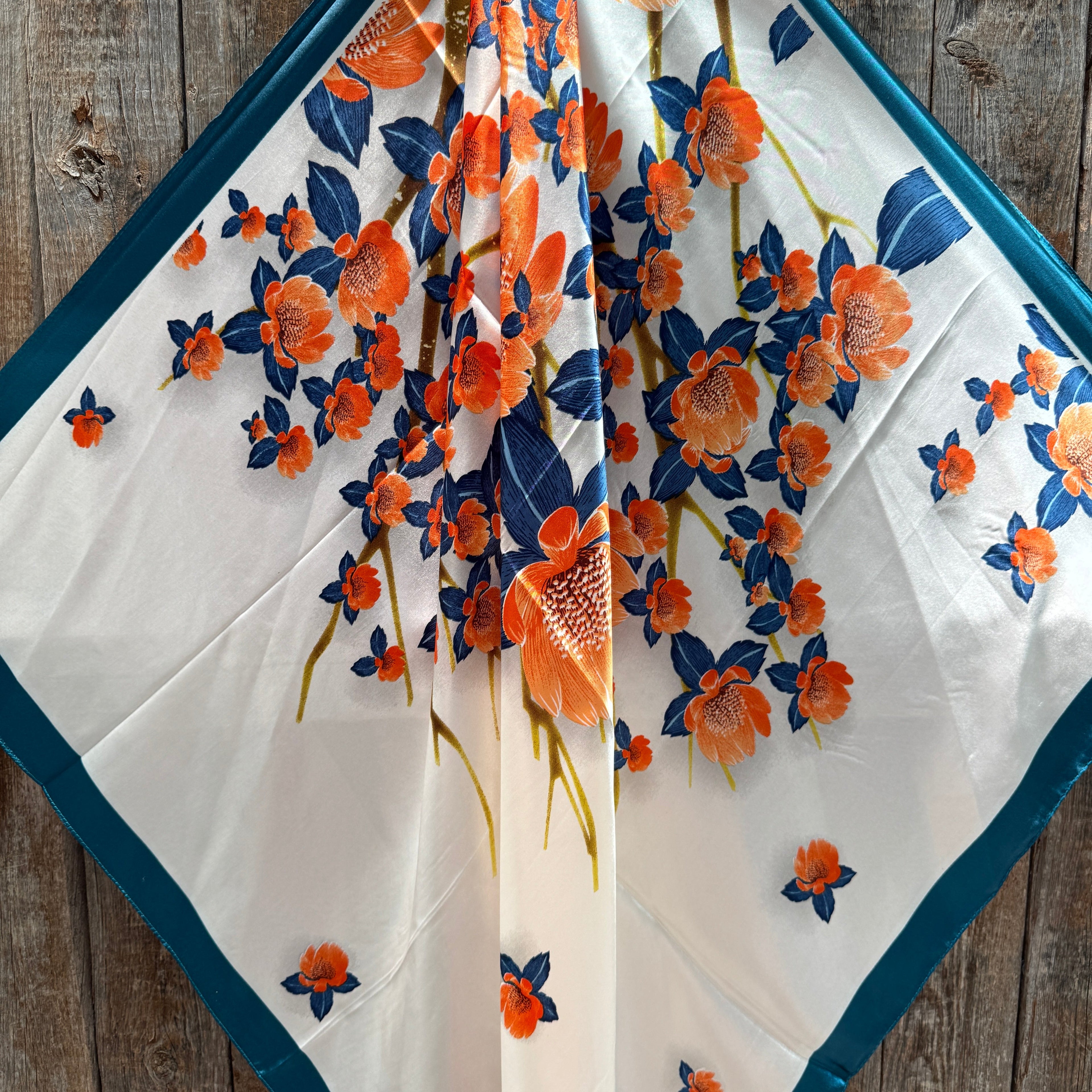 White and Teal Floral Wild Rag - Western Scarf