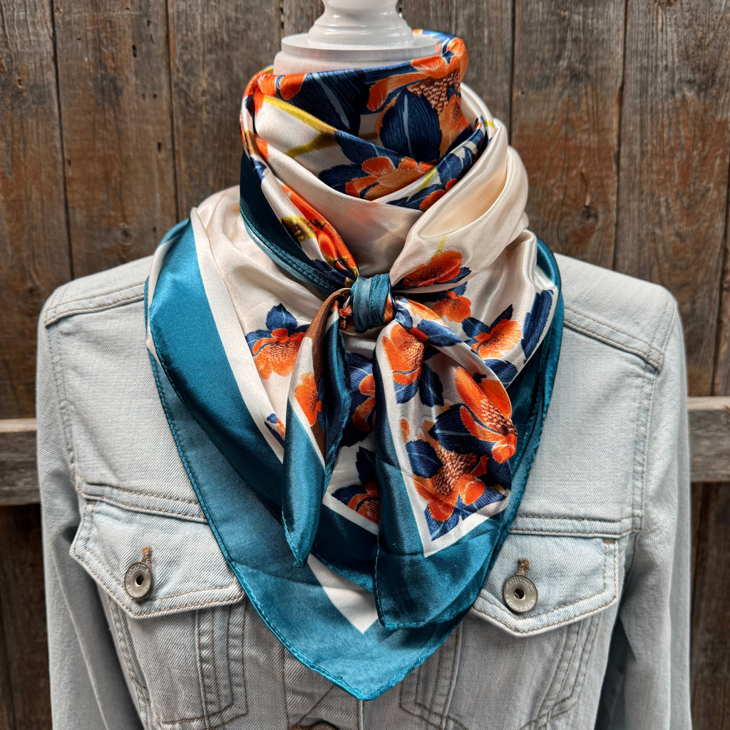 White and Teal Floral Wild Rag - Western Scarf