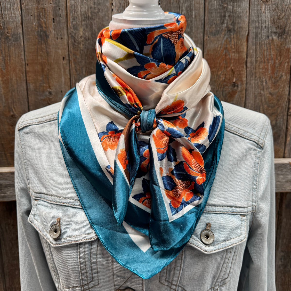 White and Teal Floral Wild Rag - Western Scarf