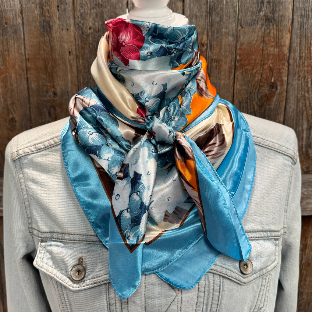 Aqua and Orange Floral Wild Rag - Western Scarf