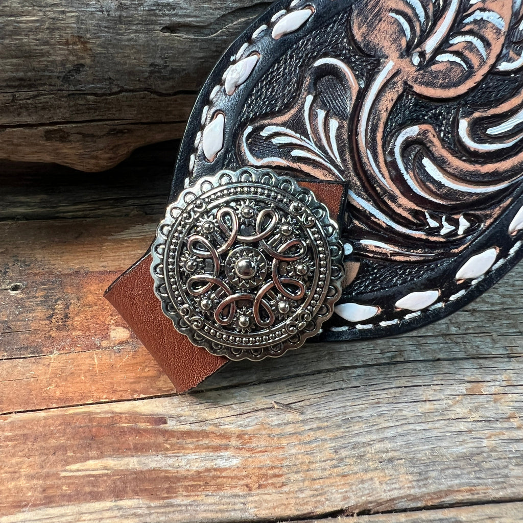 Dark Oil Buckstitch Bronc Noseband With Flowers and Loops Conchos — view 2