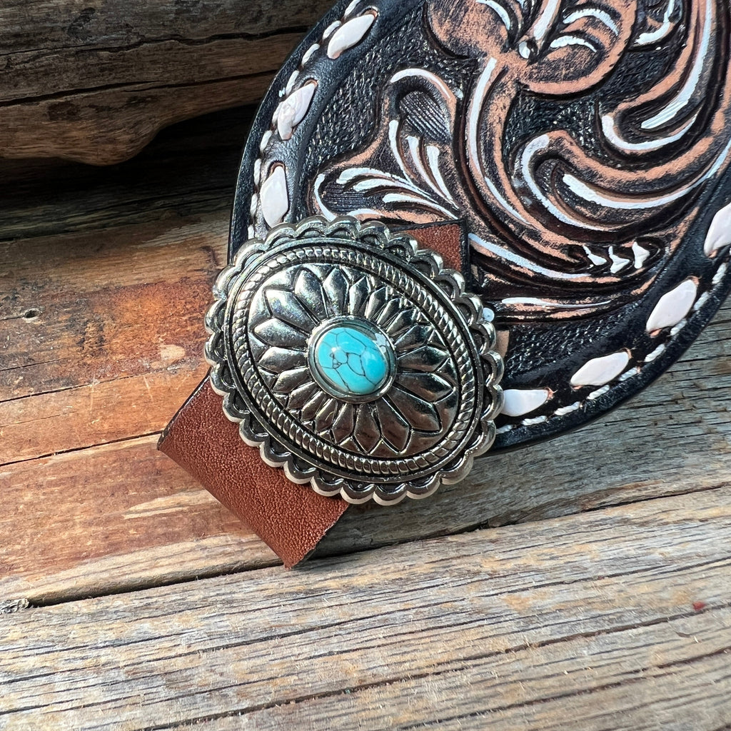 Dark Oil Buckstitch Bronc Noseband With Oval Turquoise Conchos — view 2