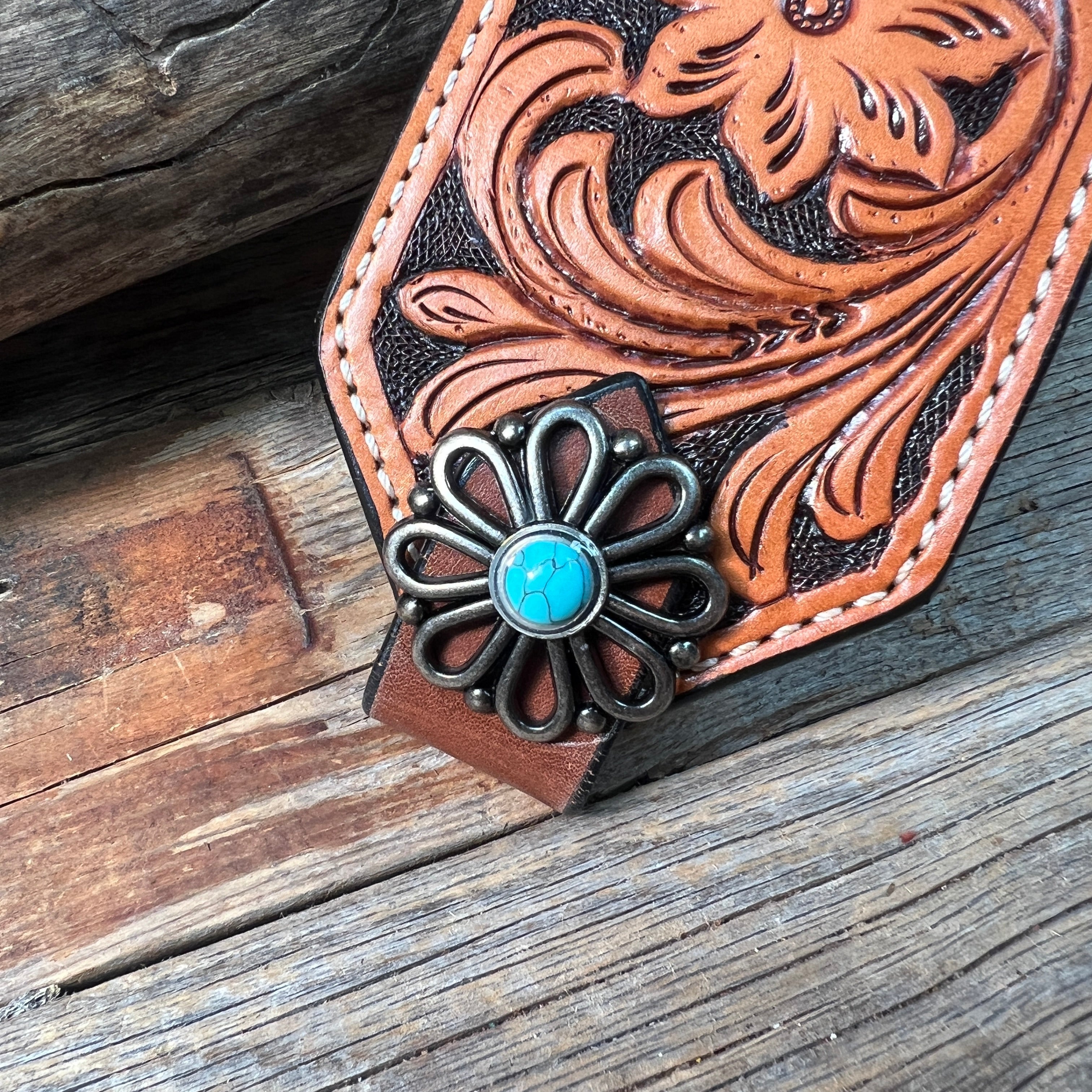 Light Oil Floral Bronc Noseband With Antique Silver Flower Conchos — view 2