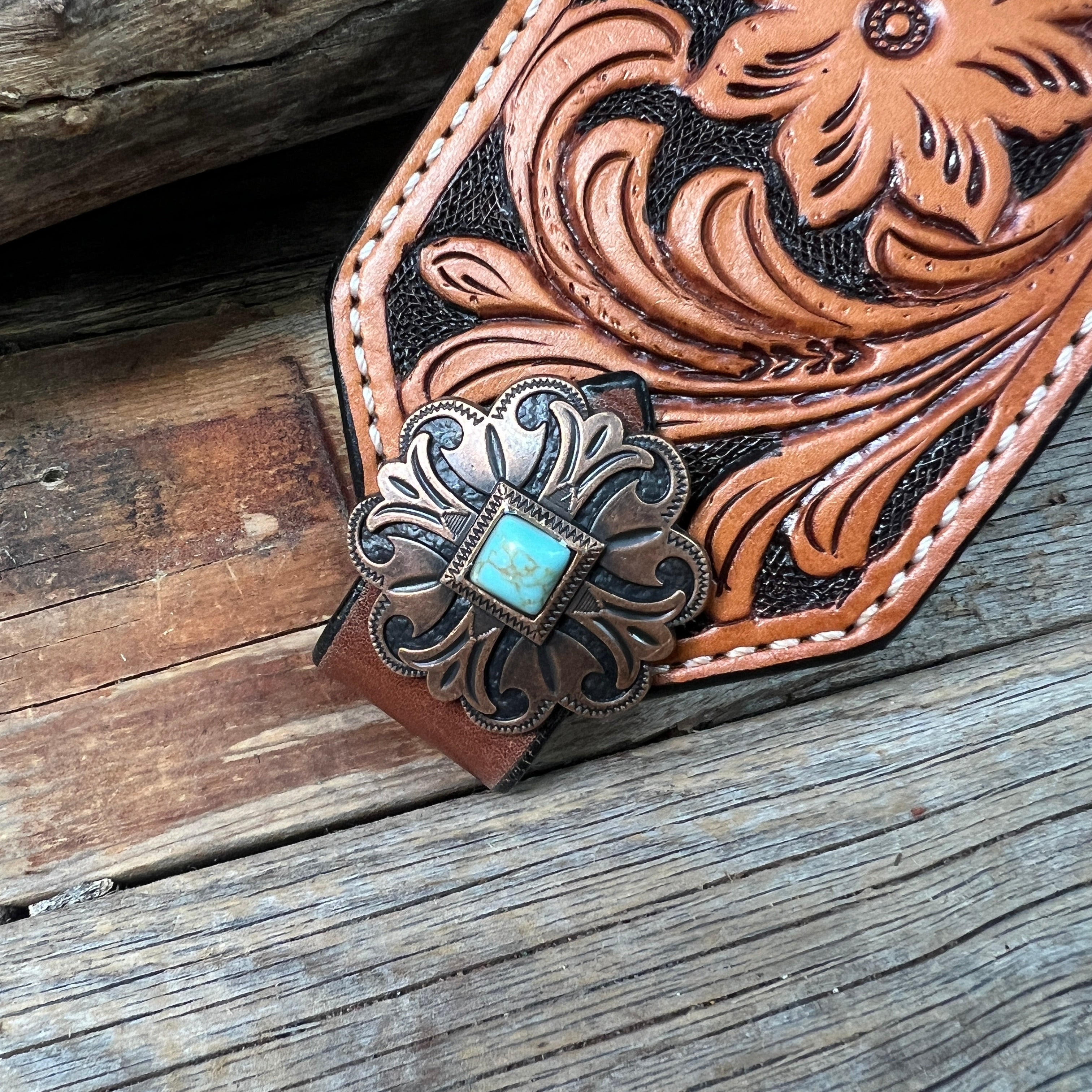 Light Oil Floral Bronc Noseband With Copper Fleur-De-Lis Conchos — view 2