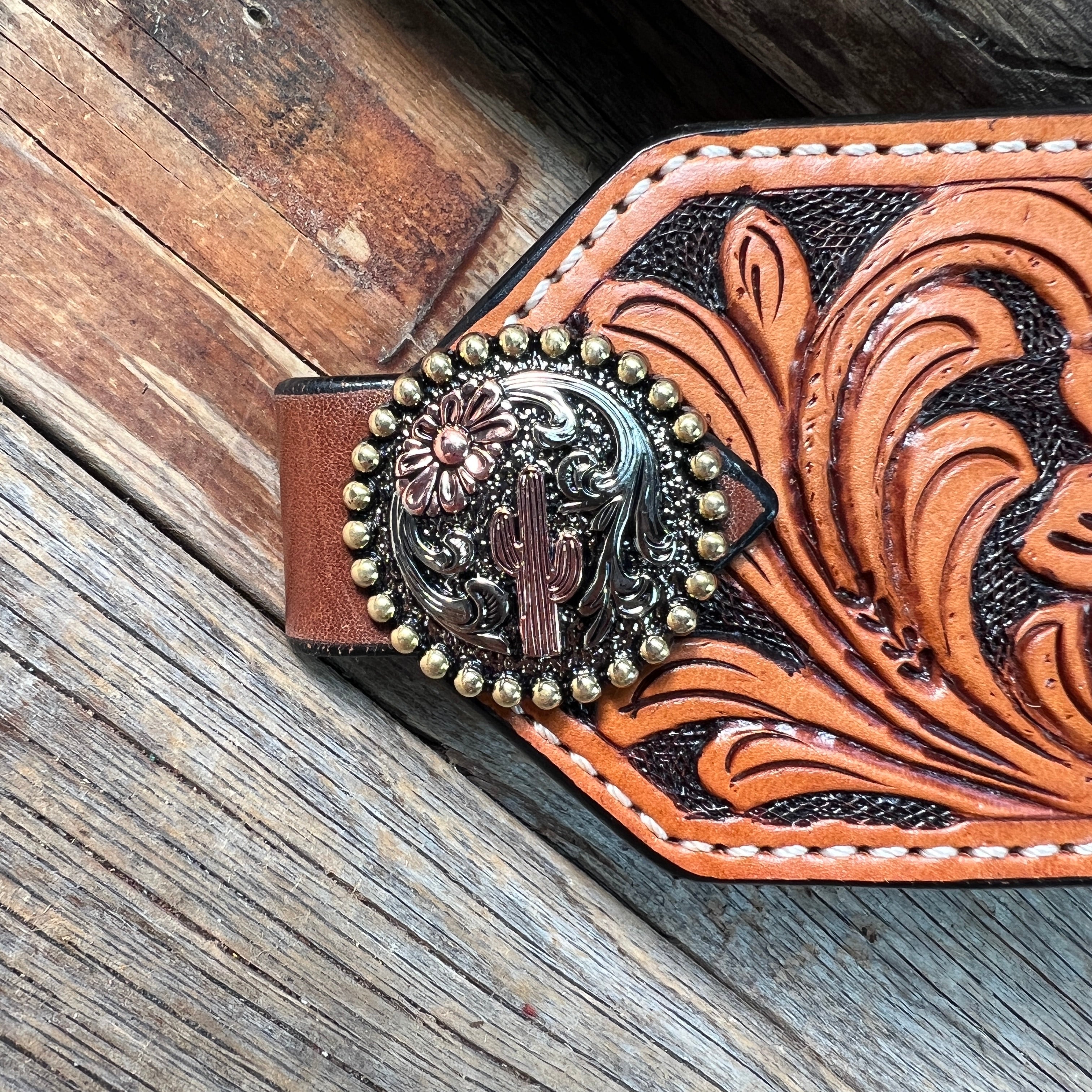 Light Oil Floral Bronc Noseband With Cactus and Flower Conchos — view 2