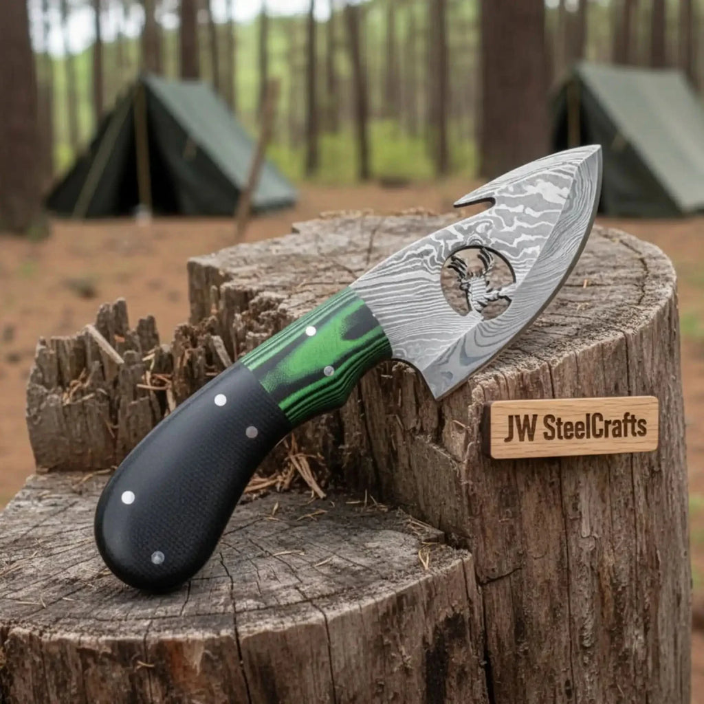 Damascus Steel Folding Gut Hook Skinner Knife 3-4 Inch Hunting Pocket Knife Liner Lock