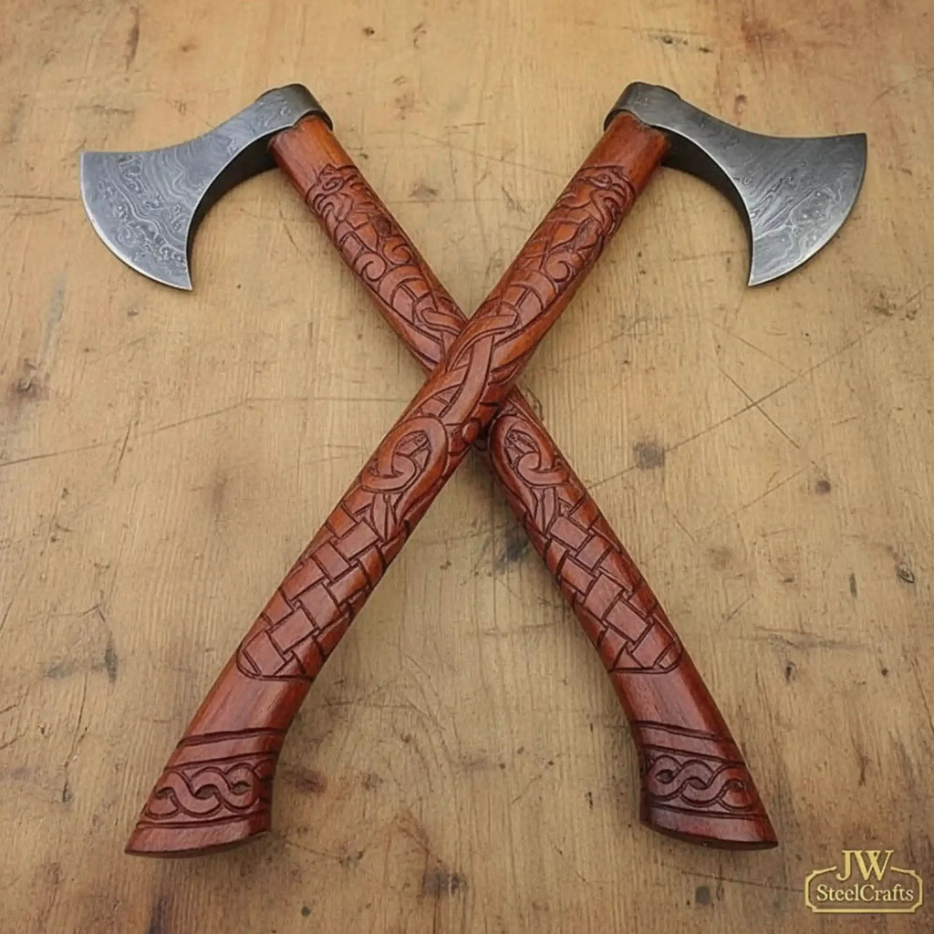 Handmade Norse Viking Axe Pair with Engraved Wooden Handles