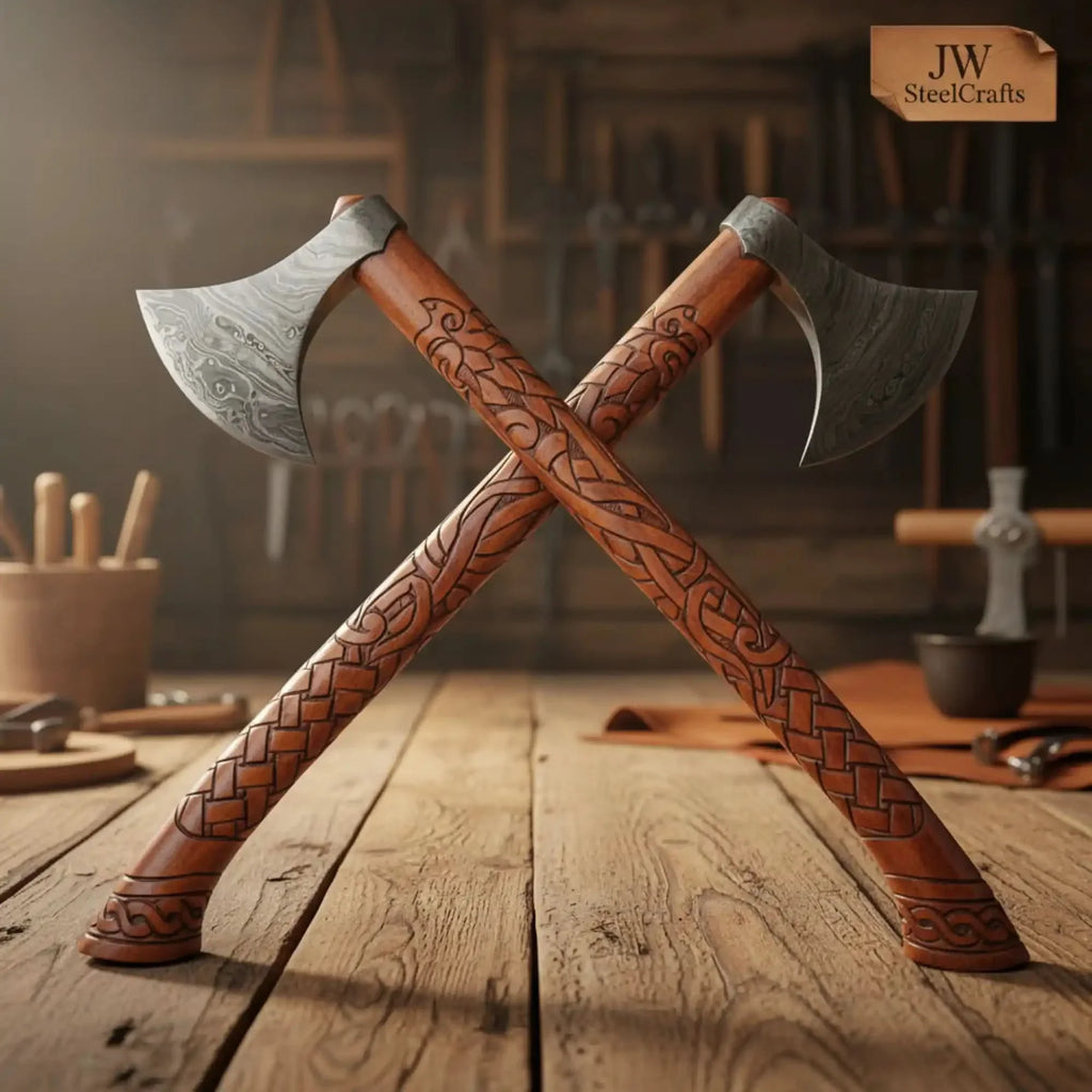 Handmade Norse Viking Axe Pair with Engraved Wooden Handles
