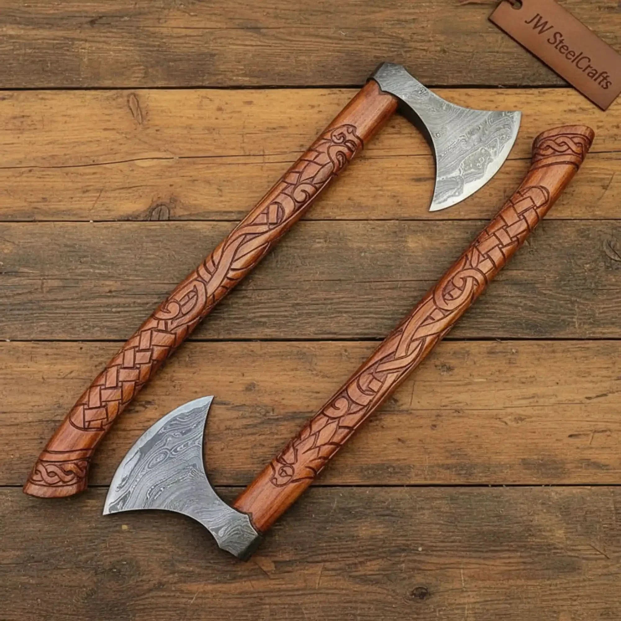 Handmade Norse Viking Axe Pair with Engraved Wooden Handles
