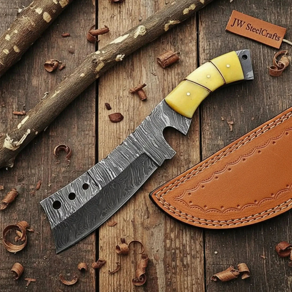 Handmade Damascus Tanto Knife with Camel Bone Handle | Full Tang Fixed Blade