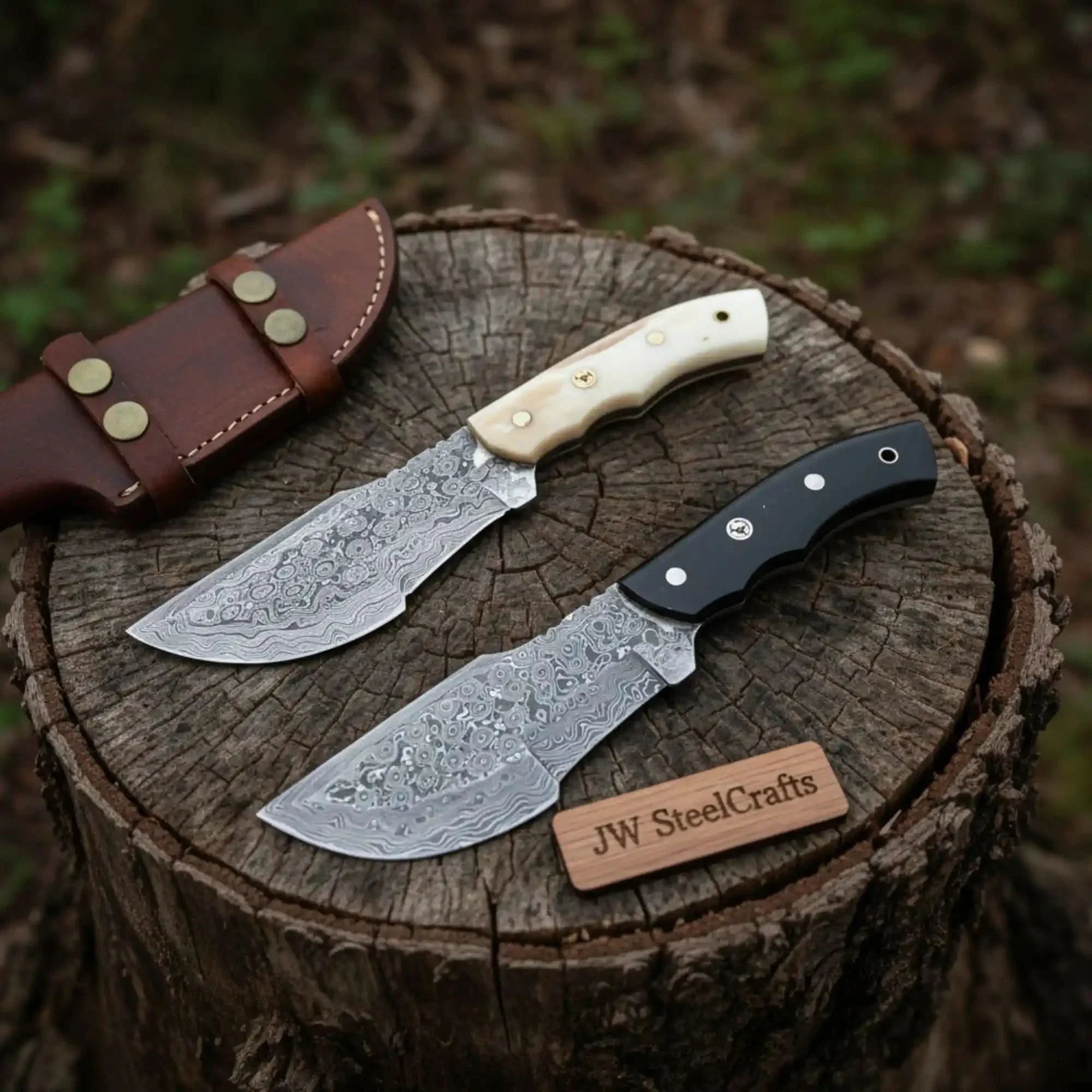 Handmade Damascus Tracker Knife Pair with Camel Bone & Black Micarta Handles