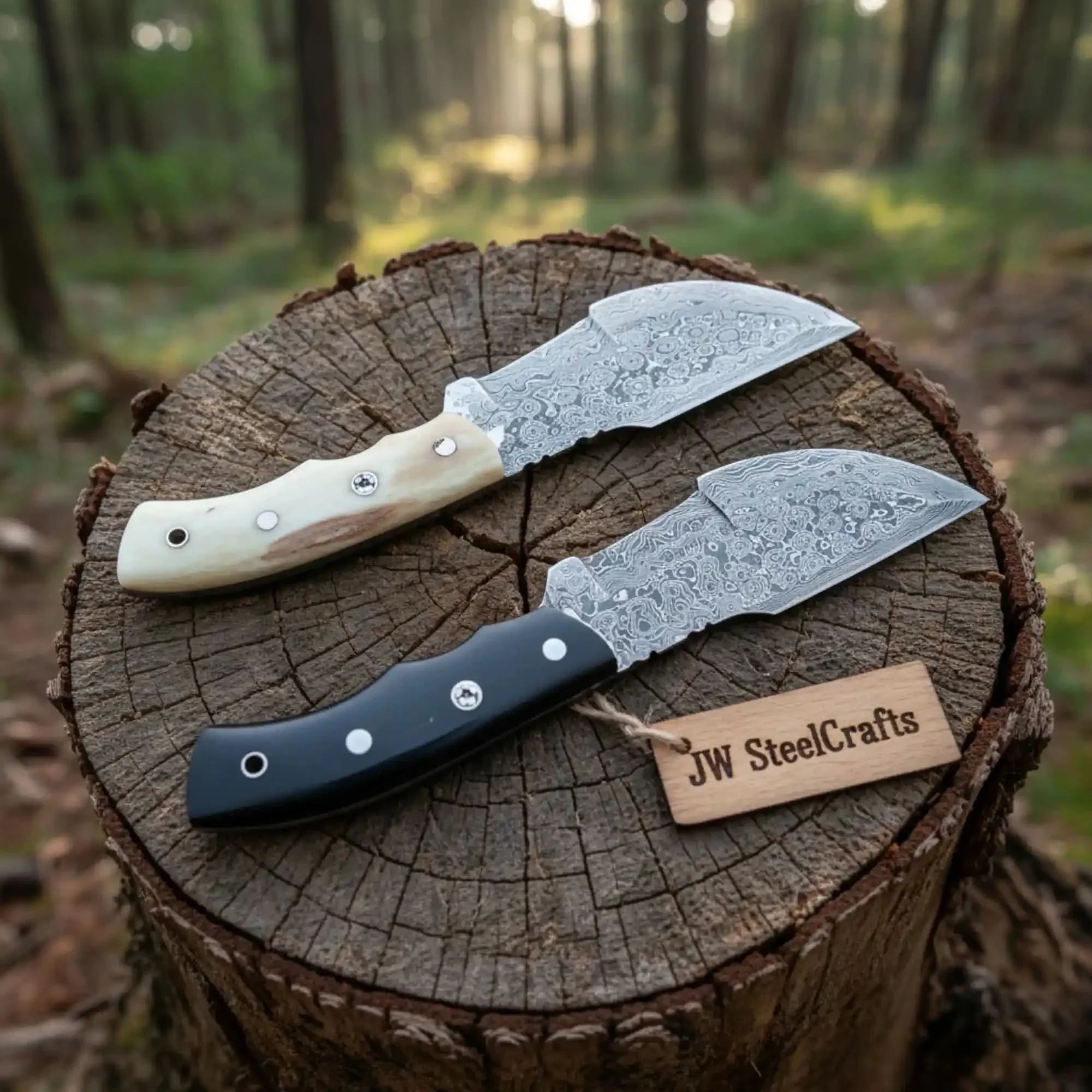 Handmade Damascus Tracker Knife Pair with Camel Bone & Black Micarta Handles