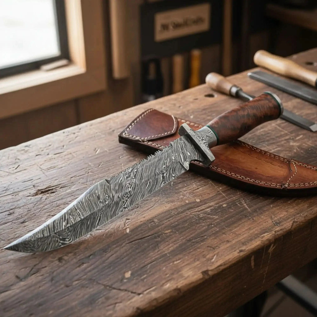 Handmade Damascus Bowie Knife with Natural Wood Handle Fixed Blade