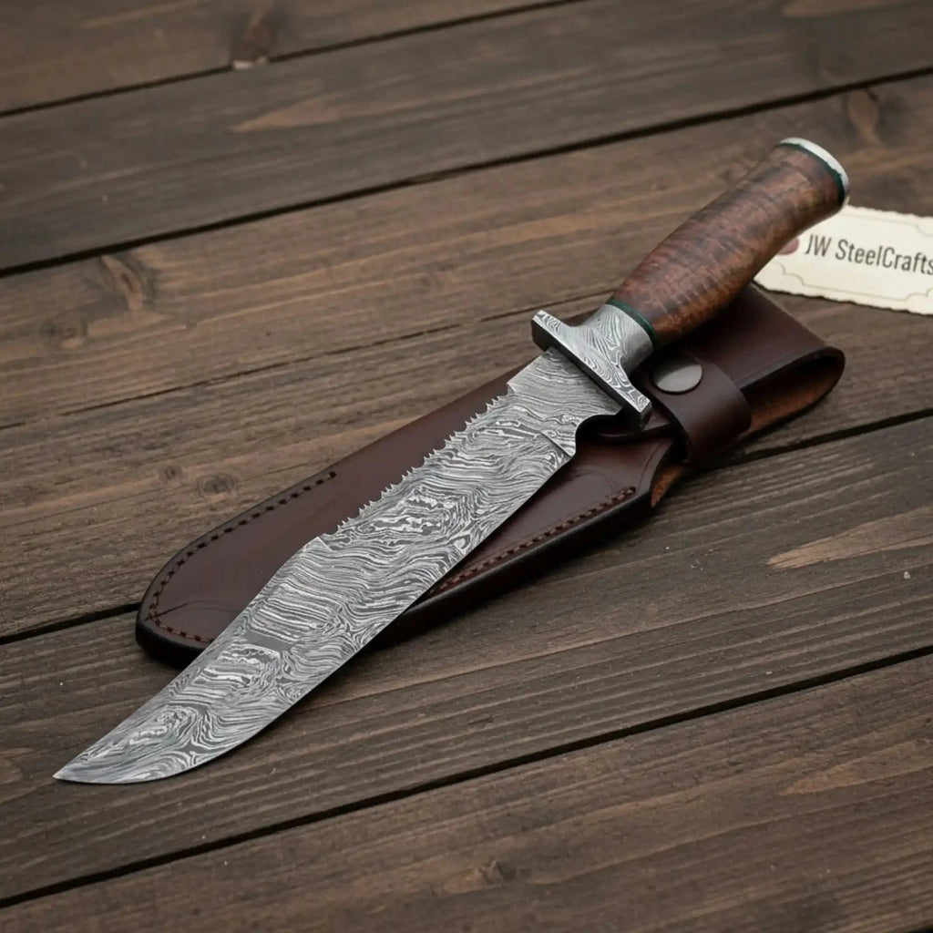 Handmade Damascus Bowie Knife with Natural Wood Handle Fixed Blade
