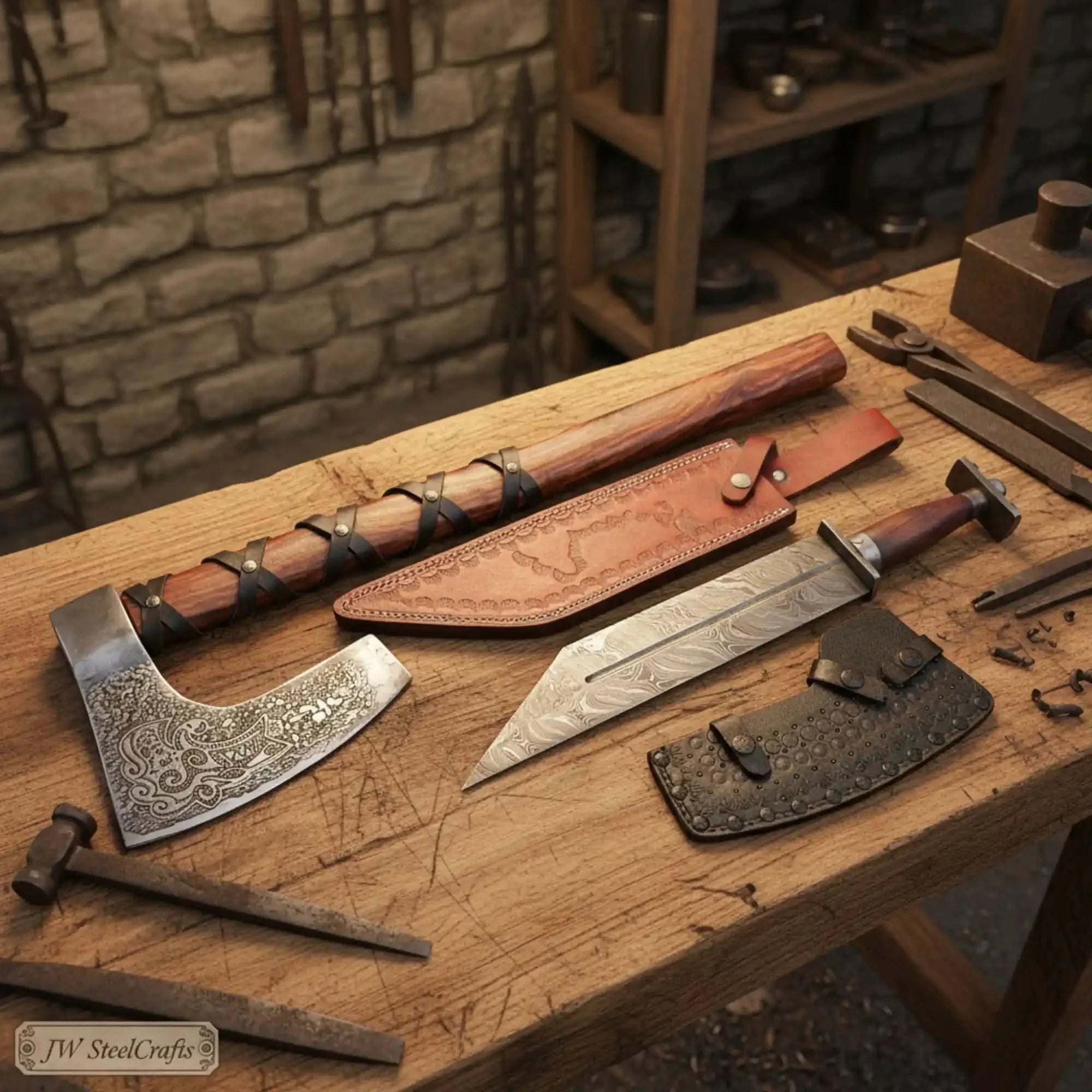 Viking Bearded Axe and Seax Knife Set | Bushcraft Wood Cutting