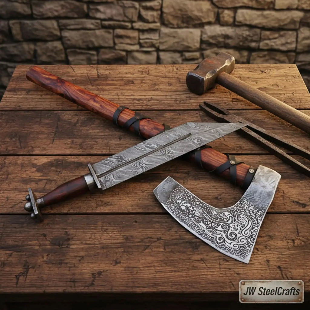 Viking Bearded Axe and Seax Knife Set | Bushcraft Wood Cutting