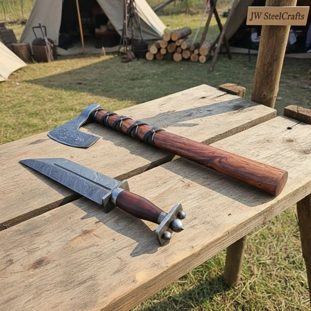 Viking Bearded Axe and Seax Knife Set | Bushcraft Wood Cutting