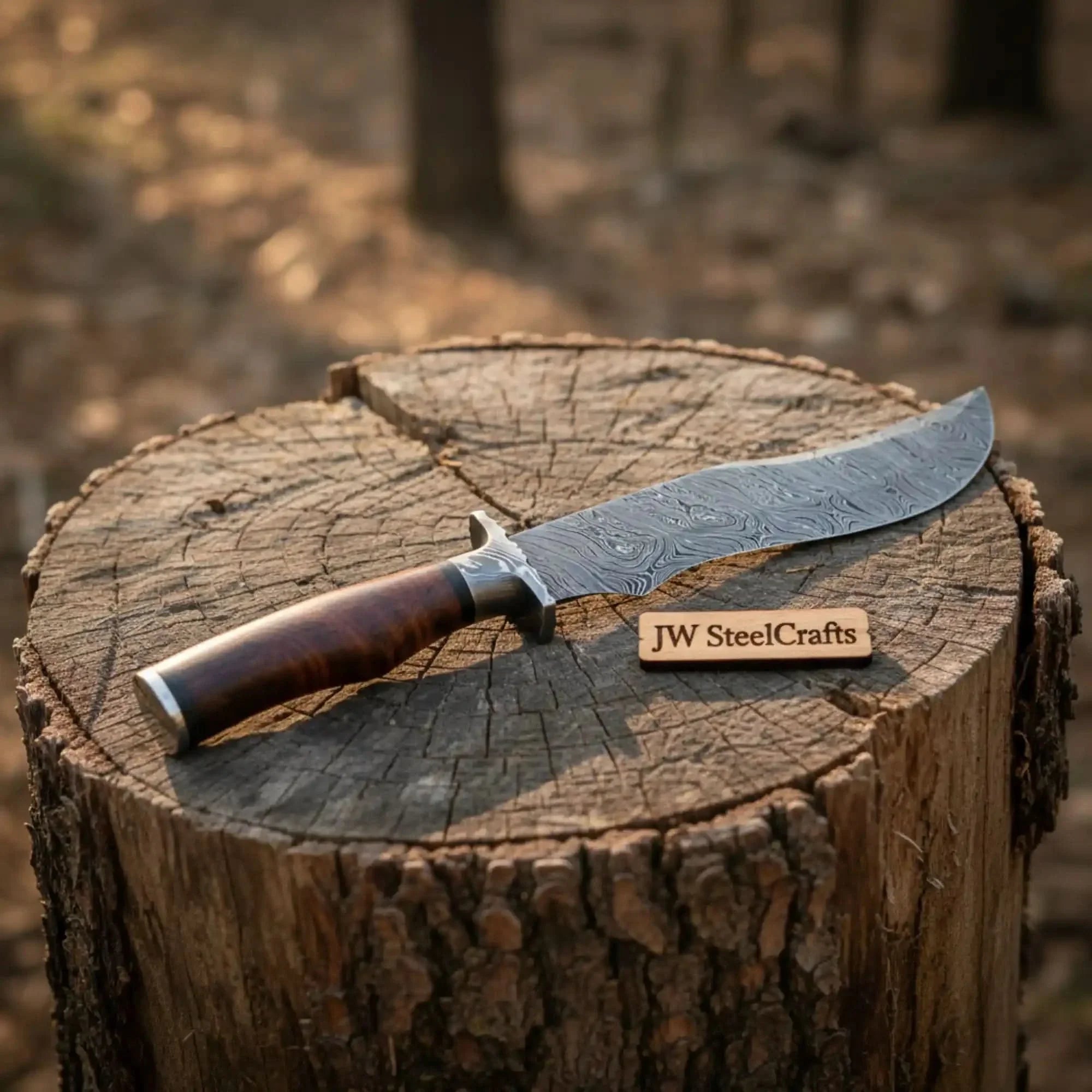Handmade Damascus Trailing Point Bowie Knife with Tali Wood Handle