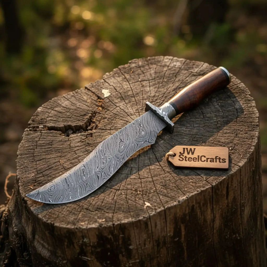 Handmade Damascus Trailing Point Bowie Knife with Tali Wood Handle