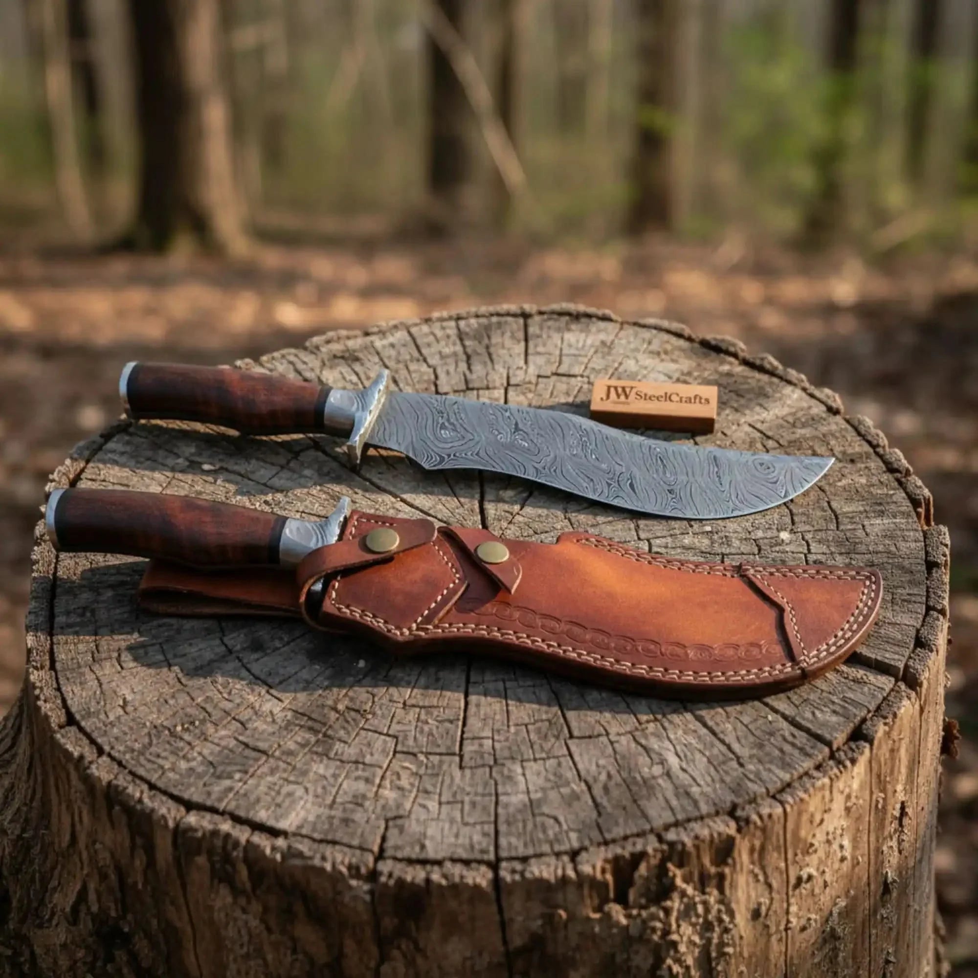 Handmade Damascus Trailing Point Bowie Knife with Tali Wood Handle