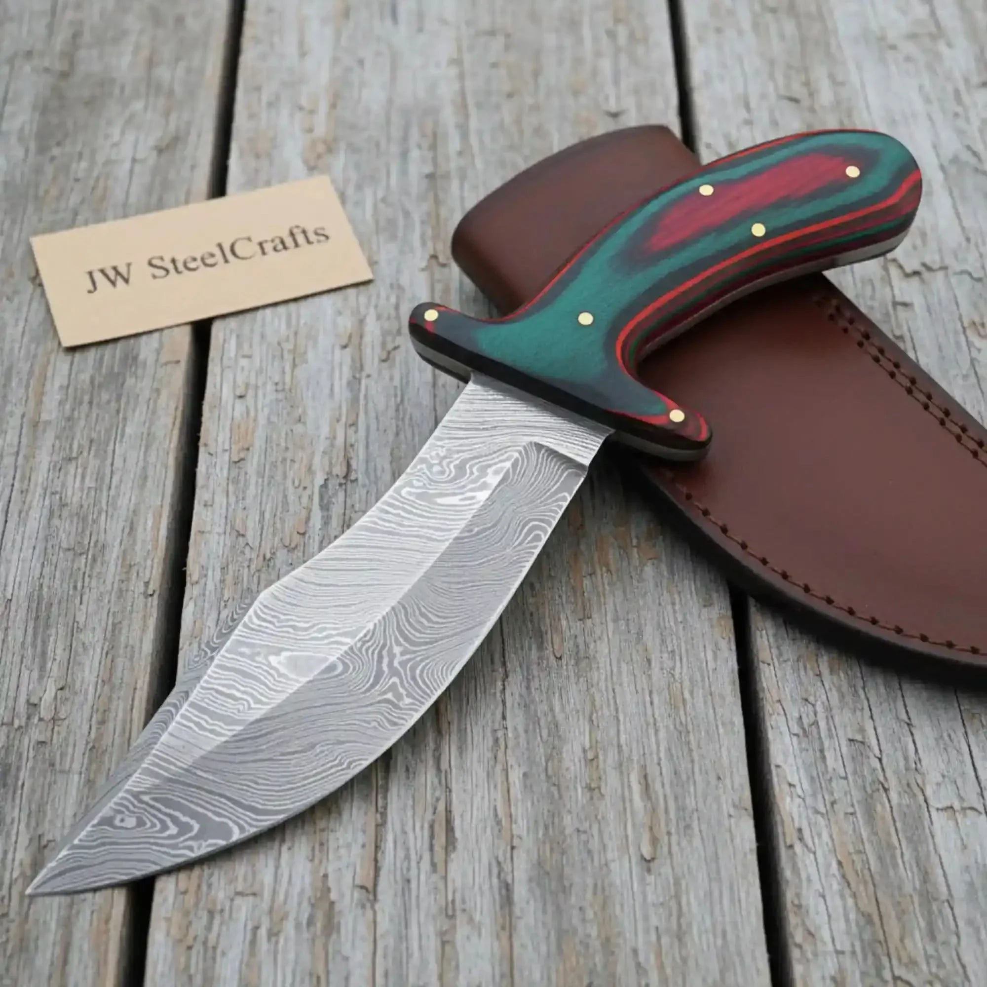 Handmade Damascus Upswept Skinner Knife with Multi-Color Pakka Wood Handle