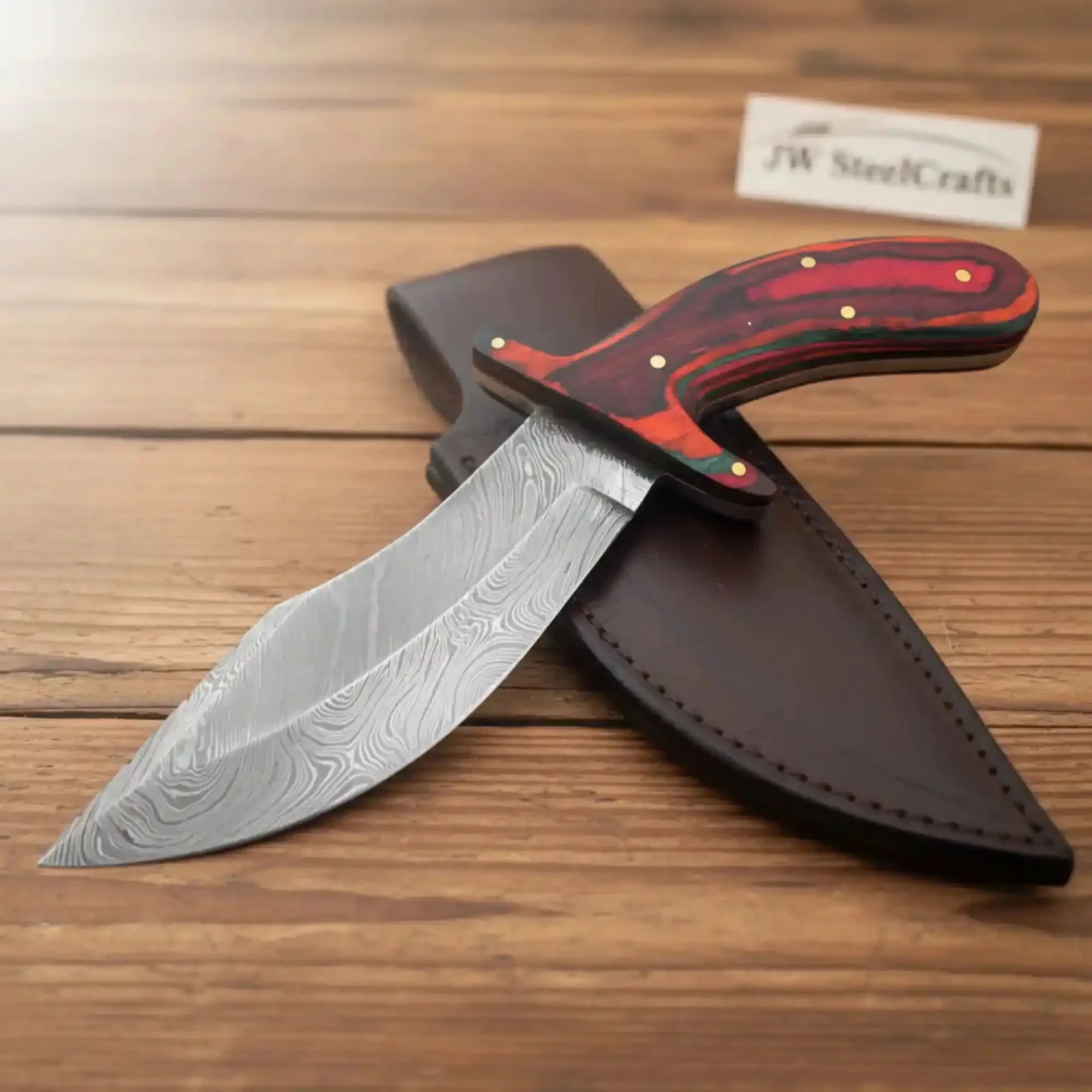 Handmade Damascus Upswept Skinner Knife with Multi-Color Pakka Wood Handle