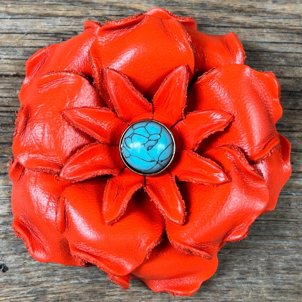 Hand Painted Leather Flowers - Gardenias - Round Turquoise Cabochons — view 6
