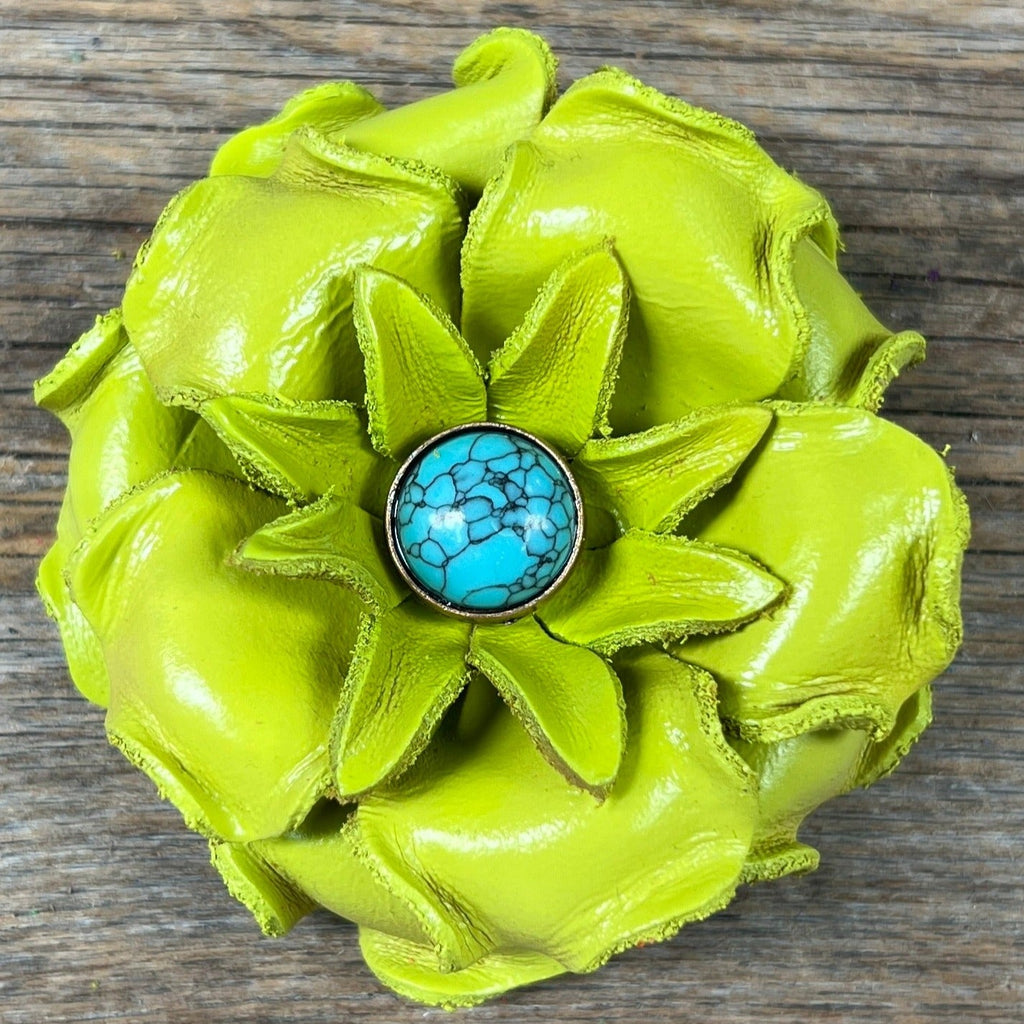 Hand Painted Leather Flowers - Gardenias - Round Turquoise Cabochons — view 7