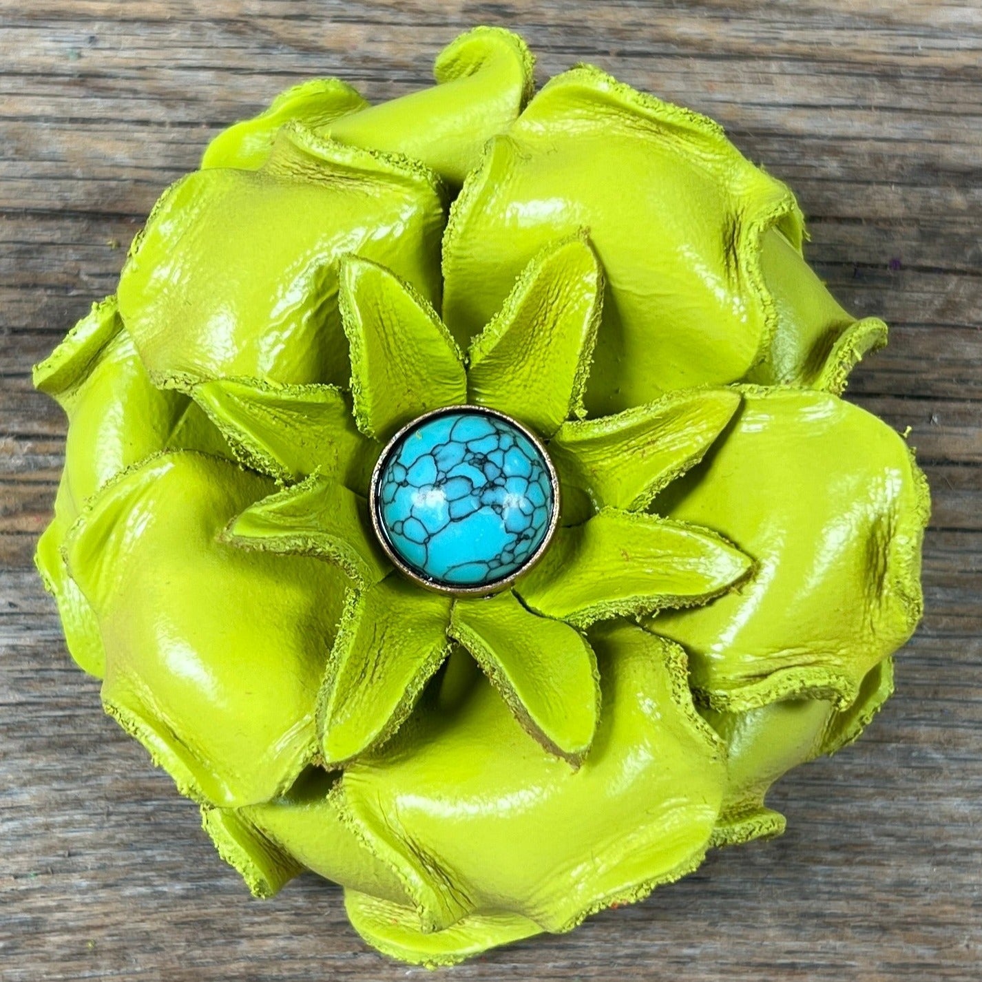 Hand Painted Leather Flowers - Gardenias - Round Turquoise Cabochons — view 7