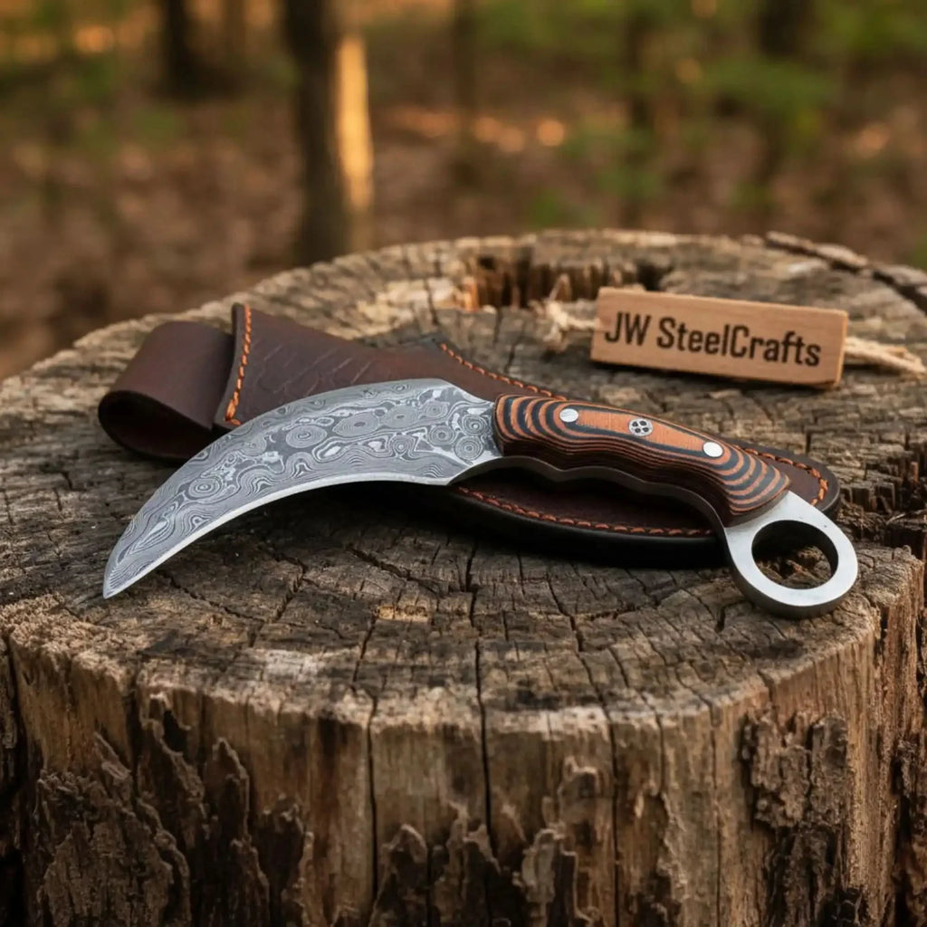 Handmade Damascus Karambit Knife with Multi-Color Micarta Handle