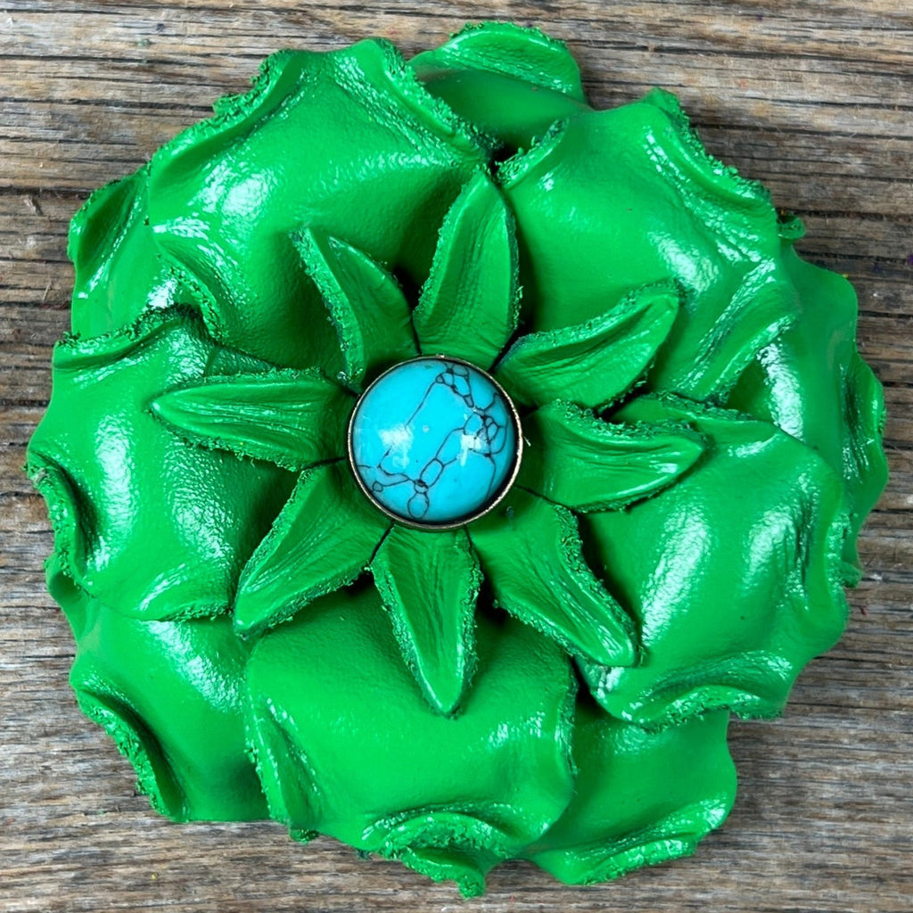 Hand Painted Leather Flowers - Gardenias - Round Turquoise Cabochons — view 8