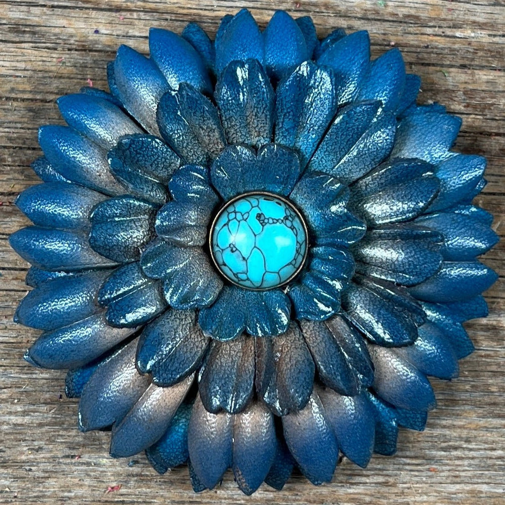Hand Painted Leather Flowers - Daisies - Round Turquoise Cabochons — view 2