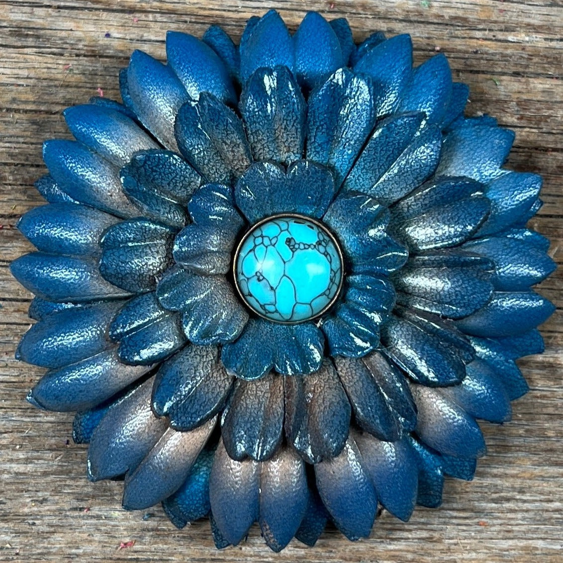 Hand Painted Leather Flowers - Daisies - Round Turquoise Cabochons — view 2