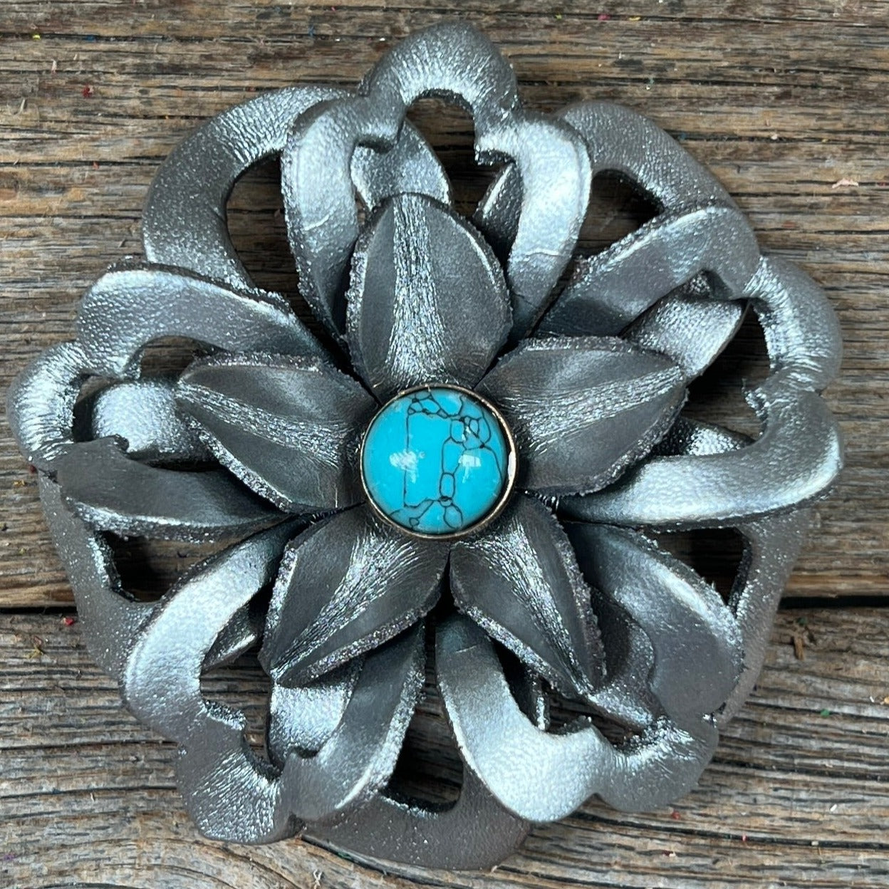 Hand Painted Leather Flowers - Lotus - Round Turquoise Cabochons — view 7