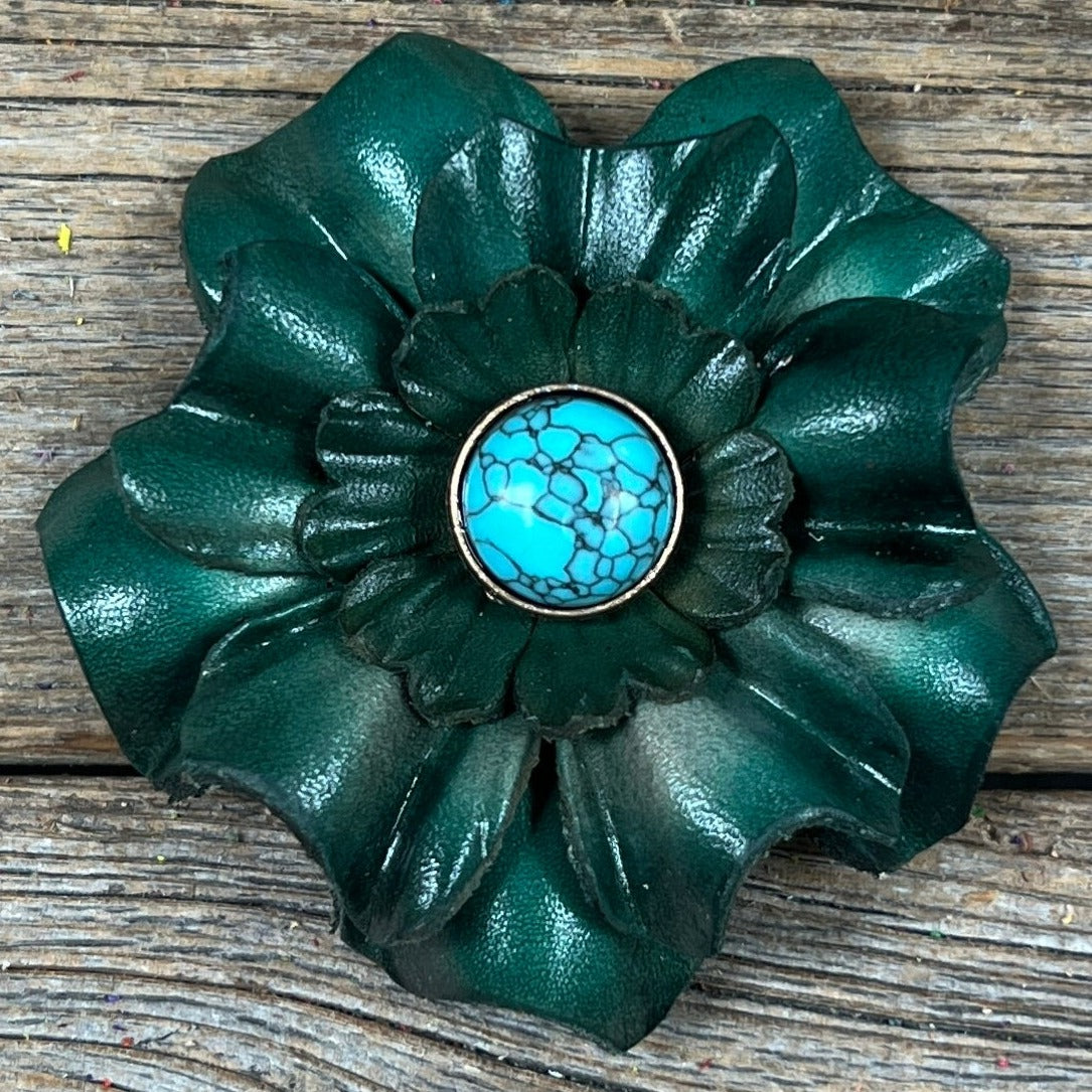Hand Painted Leather Flowers - Carnations - Round Turquoise Cabochons — view 9