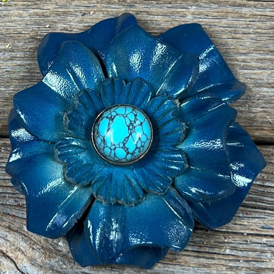 Hand Painted Leather Flowers - Carnations - Round Turquoise Cabochons — view 6