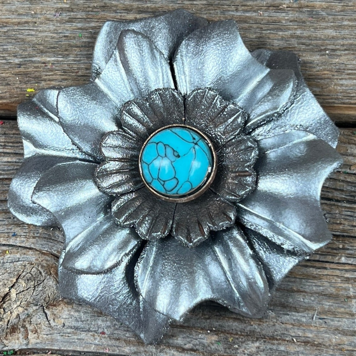 Hand Painted Leather Flowers - Carnations - Round Turquoise Cabochons — view 8