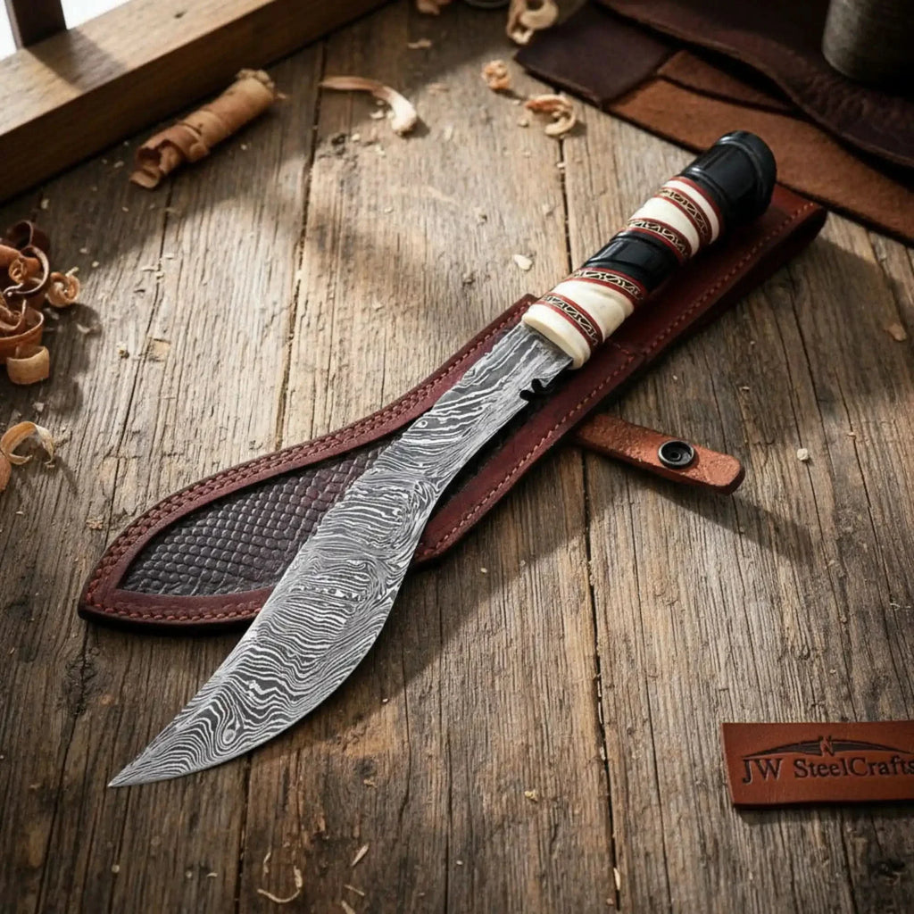 Custom Ghurkha Kukri Knife Curved Blade Damascus Steel Outdoor Chopping Tool
