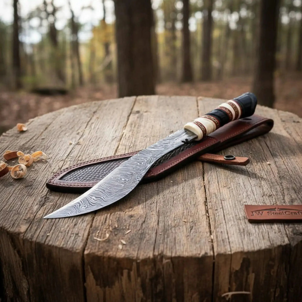 Custom Ghurkha Kukri Knife Curved Blade Damascus Steel Outdoor Chopping Tool